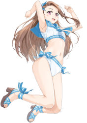 Rule 34 | 1girl, armpits, arms up, bare arms, bare shoulders, bikini, blue bow, blue neckwear, blue sailor collar, blush, bow, breasts, brown footwear, brown hair, commentary request, feet, full body, high heels, idolmaster, idolmaster (classic), long hair, minase iori, miri (ago550421), navel, open mouth, platform footwear, purple eyes, sailor bikini, sailor collar, sailor swimsuit (idolmaster), sandals, simple background, small breasts, solo, striped, striped bow, swimsuit, teeth, toes, upper teeth only, very long hair, white background, white bikini