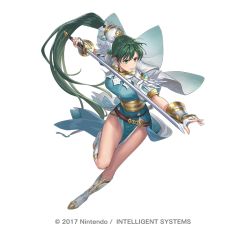 Rule 34 | 1girl, aqua dress, bare legs, belt, boots, breasts, cape, cloud, company name, cuboon, dress, earrings, female focus, fingerless gloves, fire emblem, fire emblem heroes, full body, gloves, green eyes, green hair, holding, holding sword, holding weapon, jewelry, knee boots, long hair, lyn (fire emblem), matching hair/eyes, medium breasts, nintendo, official art, outstretched arm, pelvic curtain, ponytail, puffy short sleeves, puffy sleeves, serious, short sleeves, simple background, solo, sword, thighs, unsheathed, v-shaped eyebrows, very long hair, watermark, weapon, white background, white cape, white footwear, white gloves, wrist guards