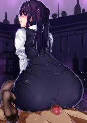 Rule 34 | 1girl, absurdres, annoyed, ass, black hair, blush, bottle, buttjob, buttjob over clothes, censored, commentary request, cum, ejaculation, feet, highres, huge ass, jill stingray, long hair, looking at viewer, looking back, looking down, no shoes, pantyhose, pantylines, penis, pov, red eyes, shadow, sitting, skirt, soles, solo focus, sweat, twintails, va-11 hall-a, wariza, wenzheng147, wide hips