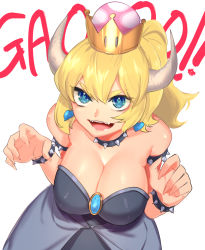 Rule 34 | 1girl, absurdres, armlet, bare shoulders, black collar, black dress, blonde hair, blue eyes, bowsette, bracelet, breasts, claw pose, cleavage, collar, crown, dress, earrings, fangs, fingernails, gao, hair between eyes, hands up, heart, high ponytail, highres, hisakawa haru, horns, jewelry, large breasts, leaning forward, long hair, mario (series), new super mario bros. u deluxe, nintendo, open mouth, ponytail, sharp fingernails, simple background, smile, solo, sound effects, spiked armlet, spiked bracelet, spiked collar, spikes, strapless, strapless dress, super crown, upper body, v-shaped eyebrows, white background