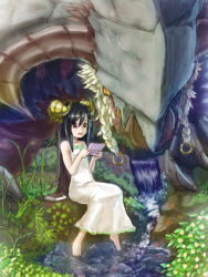 Rule 34 | 1girl, barefoot, black hair, character request, handheld game console, horns, long hair, monster, nintendo ds, sitting, soaking feet, solo, sonjow4, water