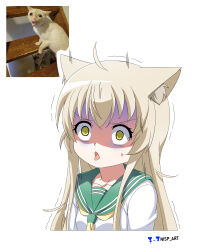 Rule 34 | absurdres, ahoge, animal ear fluff, animal ears, blonde hair, cat ears, cat girl, green eyes, green sailor collar, highres, motion lines, neckerchief, nisp art, open mouth, original, personification, russian commentary, sailor collar, sidelocks, surprised, tongue, tongue out, trembling, watermark, wide-eyed, yellow neckerchief
