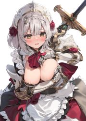 Rule 34 | 1girl, armor, armored dress, banned artist, blush, braid, braided bangs, breast hold, breasts, cleavage, dress, flower, gauntlets, genshin impact, green eyes, grey hair, headpiece, highres, large breasts, long sleeves, looking at viewer, maid, noelle (genshin impact), open mouth, parsley-f, pauldrons, rose, short hair, shoulder armor, solo, sword, weapon, white dress