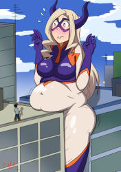 Rule 34 | 10s, 1boy, 1girl, belly rest, blonde hair, blue sky, blush, bodysuit, boku no hero academia, breasts, building, bursting belly, city, closed mouth, cloud, covered navel, domino mask, embarrassed, facing another, fat, giant, giantess, gloves, green hair, hands up, horns, jacket, large breasts, long hair, looking at another, looking down, looking up, mask, midoriya izuku, mount lady, navel, on roof, outdoors, pants, plump, purple eyes, school uniform, shadow, shoes, short hair, size difference, skin tight, sky, standing, stuck, surprised, wavy mouth