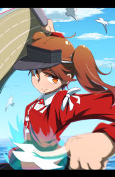 Rule 34 | 10s, 1girl, blue sky, brown eyes, brown hair, cloud, day, flight deck, gradient background, highres, kantai collection, letterboxed, long sleeves, looking at viewer, ryuujou (kancolle), sky, smile, solo, twintails, yocchi (tenyunkel)
