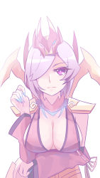 Rule 34 | 1girl, absurdres, aqua nails, blood moon elise, blush, breast hold, breasts, closed mouth, detached sleeves, elise (league of legends), female focus, fingernails, hair ornament, highres, league of legends, long fingernails, looking at viewer, nail polish, pink eyes, ribbon, short hair, sideboob, simple background, smile, solo, white hair, zhainan s-jun