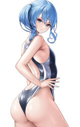 1girl absurdres alternate_costume armpit_crease ass backless_swimsuit blue_eyes blue_hair blue_nails breasts commentary competition_swimsuit finger_under_clothes from_behind hair_between_eyes highleg highleg_one-piece_swimsuit highres hololive hoshimachi_suisei laimer long_hair looking_at_viewer median_furrow nail_polish one-piece_swimsuit shirt side_ponytail small_breasts solo star_(symbol) star_in_eye swimsuit symbol_in_eye thighs virtual_youtuber white_background