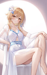 Rule 34 | 1girl, blonde hair, blue dress, blush, breasts, cleavage, closed mouth, collarbone, dress, feather hair ornament, feathers, flower, genshin impact, hair between eyes, hair flower, hair intakes, hair ornament, hand on own hip, highres, knee up, lily (flower), looking at viewer, lumine (genshin impact), lunacle, medium breasts, see-through shawl, shawl, short hair, short hair with long locks, side slit, sidelocks, simple background, sitting, sitting on object, sleeveless, sleeveless dress, smile, solo, thighs, white background, white feathers, white flower, white shawl, yellow eyes