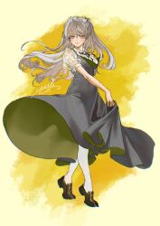 Rule 34 | 1girl, aupt31, black dress, black footwear, breasts, closed mouth, conte di cavour (kancolle), dress, floral print, full body, grey hair, hair between eyes, highres, kantai collection, large breasts, long hair, looking at viewer, pantyhose, see-through, shoes, short sleeves, signature, simple background, solo, standing, tiptoes, white pantyhose