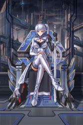 Rule 34 | 1girl, bad id, bad pixiv id, boots, building, chair, choker, cleavage cutout, clothing cutout, crossed legs, earrings, facial mark, hand on own knee, high heels, highres, holding, holding sword, holding weapon, jewelry, long coat, long hair, looking at viewer, nairobi song, original, planted, planted sword, planted weapon, ponytail, prosthesis, prosthetic arm, red eyes, science fiction, serious, sitting, solo, sword, thigh boots, thighhighs, weapon, white hair