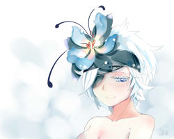 Rule 34 | 10s, 1girl, absurdres, bad id, bad pixiv id, blue eyes, breasts, eyepatch, flamie speeddraw, flower, hair flower, hair ornament, hairband, highres, hzw3, looking at viewer, nude, portrait, rokka no yuusha, short hair, signature, simple background, smile, solo, white hair