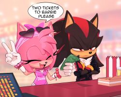 Rule 34 | 1boy, 1girl, alternate costume, amy rose, barbie (franchise), barbie (live action), blurry, blurry background, bracelet, closed eyes, copyright name, crossed arms, depth of field, english text, eyewear on head, furry, furry female, gloves, heart, heart-shaped eyewear, highres, holding, holding money, indoors, jewelry, money, open mouth, pink shirt, shadow the hedgehog, shirt, sonic (series), speech bubble, toonsite, v, white gloves