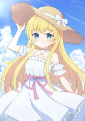 Rule 34 | 1girl, bare shoulders, blonde hair, blue eyes, blue sky, blush, bow, closed mouth, cloud, cloudy sky, collarbone, commission, contrail, cowboy shot, criss-cross halter, day, detached sleeves, dot nose, dress, halterneck, hand on headwear, hat, hat bow, highres, lens flare, long bangs, long hair, looking at viewer, original, outdoors, pink ribbon, pleated dress, raised eyebrows, ribbon, shirobako, short sleeves, sidelocks, skeb commission, sky, sleeveless, sleeveless dress, smile, solo, straight hair, straw hat, tyomimas, variant set, virtual youtuber, waist ribbon, white dress, white sleeves