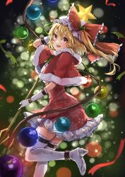 Rule 34 | 1girl, :d, adapted costume, blonde hair, blush, boots, bow, capelet, christmas, christmas ornaments, dress, flandre scarlet, foot out of frame, frilled bow, frilled dress, frills, fur-trimmed capelet, fur trim, gloves, green ribbon, hair between eyes, hat, hat bow, high heel boots, high heels, highres, holding, holding polearm, holding weapon, long hair, looking at viewer, mob cap, one side up, open mouth, pointy ears, polearm, red bow, red capelet, red dress, red eyes, red ribbon, ribbon, shironeko yuuki, smile, snowflake print, solo, star (symbol), teeth, thigh boots, tongue, touhou, upper teeth only, weapon, white footwear, white gloves, white hat, wings