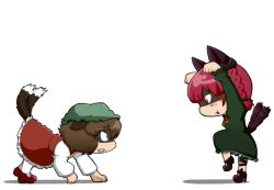 Rule 34 | 2girls, all fours, animal ears, bad id, bad pixiv id, blush stickers, bow, braid, brown eyes, brown hair, cat ears, cat girl, cat tail, chen, chibi, dress, female focus, fighting, fighting stance, frills, hair bow, hat, kaenbyou rin, multiple girls, nura (oaaaaaa), open mouth, red eyes, red hair, shadow, sharp teeth, simple background, tail, teeth, touhou