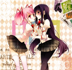 Rule 34 | 10s, 2girls, akemi homura, black hair, blush, english text, eye contact, food, hairband, holding hands, kaname madoka, looking at another, mahou shoujo madoka magica, mahou shoujo madoka magica (anime), multiple girls, pantyhose, patatata, pink eyes, pink hair, pocky, pocky kiss, postage stamp, school uniform, shared food, stamp, thighhighs, twintails, yuri