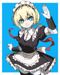 1girl aigis_(persona) android apron black_dress black_thighhighs blonde_hair blue_background blue_eyes border commentary cowboy_shot crossed_bangs dress english_commentary frilled_dress frills ghuler hair_between_eyes hand_up highres looking_at_viewer maid_apron maid_headdress mechanical_arms mechanical_hands outside_border persona persona_3 persona_3_reload puffy_short_sleeves puffy_sleeves red_ribbon ribbon shirt short_hair short_sleeves simple_background smile solo split_mouth thighhighs white_border white_shirt zettai_ryouiki