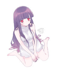 Rule 34 | 1girl, absurdres, bare arms, bare shoulders, between legs, black nails, blunt bangs, breasts, closed mouth, dress, full body, grey dress, hand between legs, highres, long hair, masshirokachi, medium breasts, nail polish, original, purple hair, red eyes, simple background, sleeveless, sleeveless dress, solo, twitter username, very long hair, white background