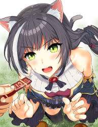 Rule 34 | 1boy, 1girl, animal ear fluff, animal ears, bare shoulders, black hair, black thighhighs, blush, breasts, cat ears, cat girl, cat tail, commentary request, detached sleeves, fang, foreshortening, highres, karyl (princess connect!), kibito high school uniform, kneeling, kojima saya, long hair, open mouth, pov, princess connect!, school uniform, sweatdrop, tail, thighhighs, white hair