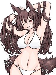 Rule 34 | 1girl, animal ears, bikini, breasts, brown hair, cleavage, cowboy shot, fumomono, highres, imaizumi kagerou, looking at viewer, medium breasts, one eye closed, red eyes, smile, solo, swimsuit, tail, touhou, white background, white bikini, wolf ears, wolf girl, wolf tail