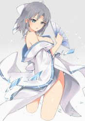 Rule 34 | 10s, 1girl, bare legs, bare shoulders, blue eyes, bow, breasts, commentary request, cropped legs, cryokinesis, floating clothes, from side, hair bow, hand fan, highres, holding, holding fan, ice, japanese clothes, kimono, large breasts, looking at viewer, off shoulder, open mouth, senran kagura, short hair, silver hair, simple background, solo, standing, tuxedo de cat, white bow, white kimono, wide sleeves, yumi (senran kagura)