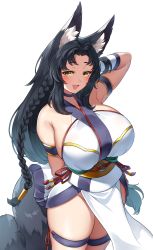 Rule 34 | 1girl, absurdres, animal ear fluff, animal ears, arm behind back, arm up, armband, bare shoulders, black hair, blush, braid, breasts, commission, fox ears, fox tail, groin, highres, huge breasts, japanese clothes, long hair, no panties, original, pelvic curtain, side braid, sideboob, simple background, skeb commission, smile, solo, suruga (xsurugax), tail, thigh strap, very long hair, white background, yellow eyes