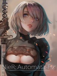 Rule 34 | 1girl, artist name, black dress, blue eyes, breasts, brown gloves, cleavage, cleavage cutout, clothing cutout, collarbone, copyright name, dress, eyelashes, f.z, gloves, hand up, head tilt, highres, holding, holding sword, holding weapon, juliet sleeves, katana, large breasts, lips, long sleeves, looking away, medium breasts, mole, mole under mouth, nier (series), nier:automata, no blindfold, nose, parted lips, pink lips, puffy sleeves, ribbed dress, short hair, silver hair, solo, sword, teeth, turtleneck, upper body, vambraces, weapon, 2b (nier:automata)