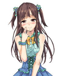Rule 34 | 10s, 1girl, bad id, bad pixiv id, bare shoulders, blush, brown eyes, brown hair, cum, cum string, facial, hair ornament, idolmaster, idolmaster cinderella girls, kno1, long hair, looking at viewer, mizumoto yukari, scrunchie, simple background, smile, solo, twintails, two side up, white background, wrist cuffs