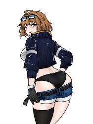 Rule 34 | 1girl, ahoge, aprf, ass, belt, black belt, black gloves, black panties, black thighhighs, blue jacket, blue shorts, blush, breasts, brown hair, butt crack, clothes pull, commentary, english commentary, eyewear on head, from behind, girls&#039; frontline, gloves, grizzly mkv (girls&#039; frontline), highres, jacket, large breasts, looking at viewer, looking back, panties, parted lips, purple eyes, shirt, short hair, shorts, shorts pull, simple background, single thighhigh, skindentation, smile, solo, sunglasses, thighhighs, underwear, white background, white shirt, zipper