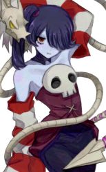 Rule 34 | 1girl, arm up, blue hair, blue skin, blush, colored skin, detached collar, detached sleeves, dress, hair over one eye, leviathan (skullgirls), red eyes, skullgirls, solo, squigly (skullgirls), stitched mouth, stitches, striped sleeves, white background, zombie