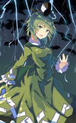 Rule 34 | 1girl, artist request, backless outfit, black hat, cross-laced clothes, dress, green dress, green eyes, green hair, hat, lightning, long sleeves, looking at viewer, official art, ofuda, ofuda on clothes, short hair, smile, soga no tojiko, solo, tate eboshi, third-party source, touhou, touhou cannonball