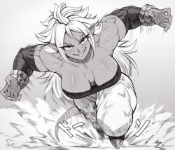 Rule 34 | 1girl, absurdres, android 21, bracelet, breasts, detached sleeves, dragon ball, dragon ball fighterz, female focus, full body, harem pants, highres, jewelry, large breasts, long hair, looking at viewer, majin android 21, monochrome, muscular, muscular female, pants, pointy ears, sharp teeth, solo, speedl00ver, strapless, tail, teeth, tube top, white hair, you gonna get raped