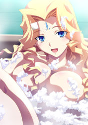Rule 34 | 1girl, bath, bathtub, blonde hair, blue eyes, blush, breasts, bubble, censored, convenient censoring, facial mark, forehead mark, hair over breasts, izumi mahiru, large breasts, long hair, looking at viewer, nipple slip, nipples, nude, open mouth, r-mizubashou, r.u.r.u.r, soap, soap bubbles, soap censor, solo, wet