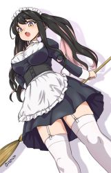 Rule 34 | &gt;:o, 10s, 1girl, :o, alternate costume, alternate hairstyle, apron, black hair, breasts, broom, commentary, dutch angle, enmaided, eyebrows, fang, garter straps, gradient eyes, isemagu, kantai collection, large breasts, looking at viewer, looking down, maid, maid headdress, multicolored eyes, multicolored hair, naganami (kancolle), pink hair, purple eyes, simple background, solo, thighhighs, twintails, twitter username, two-tone hair, v-shaped eyebrows, white background, white thighhighs, yellow eyes
