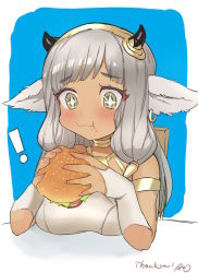 Rule 34 | ash (fire emblem), blush, breasts, burger, cow girl, earrings, eating, fire emblem, fire emblem heroes, highres, horns, jewelry, large breasts, nintendo, smile, sparkling eyes, white hair, yellow eyes