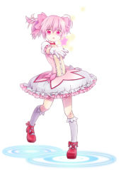 Rule 34 | 10s, 1girl, :o, bad id, bad pixiv id, bubble skirt, gloves, kaname madoka, magical girl, mahou shoujo madoka magica, mahou shoujo madoka magica (anime), open hand, pink eyes, pink hair, sakuro, shoes, short hair, short twintails, skirt, solo, star (symbol), twintails, white gloves