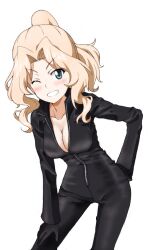 Rule 34 | 1girl, alternate hairstyle, biker clothes, bikesuit, black bodysuit, black gloves, blonde hair, blue eyes, bodysuit, breasts, cleavage, commentary, commission, cowboy shot, girls und panzer, gloves, grin, hair intakes, hair up, hand on own hip, hand on own thigh, kay (girls und panzer), kayabakoro, leaning forward, long hair, long sleeves, medium breasts, medium hair, one eye closed, partially unzipped, pixiv commission, ponytail, simple background, smile, solo, white background