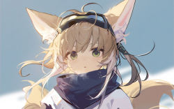 Rule 34 | 1girl, animal ears, antenna hair, arknights, black scarf, blonde hair, blue background, breath, fox ears, fox tail, goggles, goggles on head, green eyes, kitsune, long hair, looking at viewer, mongarit, multicolored hair, multiple tails, official alternate costume, parted lips, portrait, scarf, shirt, simple background, solo, streaked hair, suzuran (arknights), suzuran (lostlands flowering) (arknights), tail, white hair, white shirt