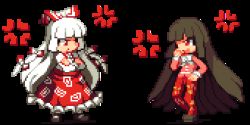 Rule 34 | 2girls, alternate costume, anger vein, animated, animated gif, black footwear, black hair, blunt bangs, bow, bowtie, commentary, crossed arms, english commentary, frilled skirt, frills, fujiwara no mokou, full body, hair bow, hime cut, houraisan kaguya, long hair, long skirt, long sleeves, looking at another, lowres, multiple bows, multiple girls, ofuda, ofuda on clothes, open mouth, pants, pink shirt, pixel art, red eyes, red pants, red skirt, shirt, skirt, standing, the fry bat, touhou, transparent background, very long hair, white bow, white hair, white neckwear, white shirt