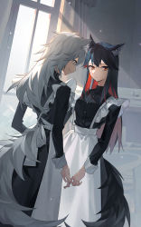 Rule 34 | 2girls, alternate costume, animal ear fluff, animal ears, apron, arknights, black dress, black hair, breasts, clothing cutout, colored inner hair, cowboy shot, dress, enmaided, grey eyes, grey hair, highres, holding hands, indoors, lappland (arknights), long hair, long sleeves, looking at another, looking at viewer, maid, maid apron, multicolored hair, multiple girls, mumu (leelee mumu), red hair, small breasts, tail, tail through clothes, texas (arknights), two-tone hair, white apron, white wrist cuffs, window, wolf ears, wolf girl, wolf tail, wrist cuffs, yellow eyes