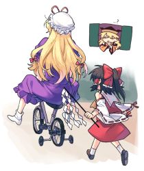 Rule 34 | 3girls, ?, aged down, ankle socks, bare shoulders, bicycle, black footwear, black hair, blonde hair, blurry, border, bow, chibi, chibi inset, child, d:, depth of field, detached sleeves, dress, facing away, frilled bow, frilled dress, frilled hair tubes, frills, from behind, full body, hair bow, hair ribbon, hair tubes, hakurei reimu, half updo, hand on own chin, hat, long dress, long hair, long sleeves, looking at another, looking to the side, matara okina, meme, mob cap, multiple girls, narrowed eyes, no shoes, nontraditional miko, open mouth, open window, outdoors, outside border, parody request, parted lips, purple dress, re ghotion, red bow, red skirt, red vest, ribbon, riding, riding bicycle, running, shoe soles, shoes, skirt, skirt set, socks, stroking own chin, touhou, training wheels, tress ribbon, vest, white border, white headwear, white legwear, white sleeves, wide sleeves, window, yakumo yukari