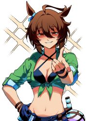 Rule 34 | 1girl, agnes tachyon (lunatic lab) (umamusume), agnes tachyon (umamusume), ahoge, animal ears, bikini, black bikini, black gloves, blue shorts, breasts, brown eyes, brown hair, cleavage, commentary request, cowboy shot, criss-cross halter, ear ornament, from below, gloves, green jacket, grin, groin, guliguli 056, hair between eyes, halterneck, hand on own hip, highres, horse ears, horse girl, horse tail, huge ahoge, jacket, medium breasts, micro shorts, midriff, navel, official alternate costume, official alternate hairstyle, pointing, pointing at viewer, shaded face, short ponytail, shorts, single glove, sketch, smile, solo, strap pull, swimsuit, tail, tied jacket, torn clothes, torn shorts, umamusume