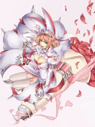 Rule 34 | 1girl, ascot, bouquet, bra, breasts, buckle, cleavage, cleavage cutout, clothing cutout, clover, dress, elphelt valentine, flower, four-leaf clover, gloves, guilty gear, guilty gear xrd, hairband, highres, large breasts, long dress, otsutei, pink hair, pink ribbon, puffy sleeves, red bra, red flower, red ribbon, red rose, ribbon, rose, short hair, shoulder spikes, smile, spiked gloves, spiked hairband, spikes, thighhighs, underwear, white dress, white gloves, white thighhighs