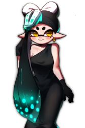 Rule 34 | + +, 1girl, alternate hairstyle, black dress, black gloves, callie (splatoon), closed mouth, dress, earrings, food, food on head, formal, gloves, hair over one eye, highres, inkling, jewelry, long dress, long hair, looking at viewer, mole, mole under eye, nintendo, object on head, poin (hidsuki), simple background, single-shoulder dress, single strap, sleeveless, sleeveless dress, smile, solo, splatoon (series), splatoon 1, standing, sushi, tentacle hair, very long hair, white background, wuju (1198979953), yellow eyes