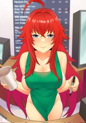 Rule 34 | 1girl, ahoge, apron, blue eyes, blush, breasts, cleavage, cup, female focus, high school dxd, highres, holding, holding cup, holding pen, iced latte with breast milk (meme), igni tion, large breasts, long hair, looking at viewer, meme, naked apron, pen, red hair, rias gremory, smile, solo, starbucks