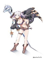 Rule 34 | 1girl, belt, bikini, boots, breasts, brown footwear, brown gloves, cleavage, fire emblem, fire emblem awakening, fire emblem heroes, fish, full body, gloves, graysheartart, highres, jewelry, necklace, nintendo, o-ring, o-ring bikini, parted lips, polearm, robin (female) (fire emblem), robin (fire emblem), simple background, solo, swimsuit, thigh strap, twintails, twitter username, weapon, white background, white hair
