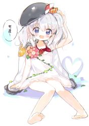 Rule 34 | 10s, 1girl, :d, atsumi jun, barefoot, beret, blue eyes, dress, epaulettes, feet, hat, kantai collection, kashima (kancolle), looking at viewer, open mouth, silver hair, sitting, smile, solo, tsurime, twintails, wavy hair, aged down