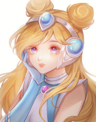 Rule 34 | 1girl, absurdres, bare shoulders, blonde hair, double bun, elbow gloves, gem, gloves, hair bun, hair ornament, hand on own cheek, hand on own face, highres, league of legends, long hair, looking at viewer, lux (league of legends), pink eyes, saikayo, simple background, smile, solo, space groove lux, teeth, upper body, white background