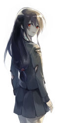Rule 34 | 10s, 1girl, bad id, bad pixiv id, black hair, black skirt, blazer, bruise, cowboy shot, from behind, hatsushimo (kancolle), hiki yuichi, injury, jacket, kantai collection, long hair, looking at viewer, looking back, low-tied long hair, pleated skirt, red eyes, school uniform, simple background, skirt, smile, solo, torn clothes, white background