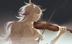 Rule 34 | 1boy, absurdres, animal ears, arknights, black background, closed eyes, collared shirt, goat boy, goat ears, goat horns, gradient background, grey hair, heiqi akw, highres, holding instrument, holding violin, horns, instrument, kreide (arknights), long hair, long sleeves, music, parted lips, playing instrument, shirt, smile, solo, violin, white background, white shirt